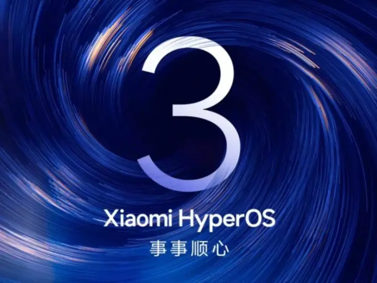Logo resmi Xiaomi HyperOS 3 berwarna putih di tengah latar belakang pusaran biru, menyimbolkan pembaruan sistem operasi yang besar.