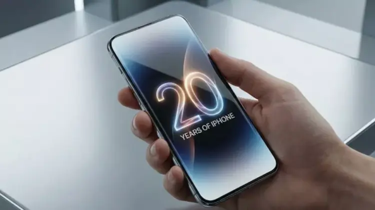 Tangan memegang smartphone iPhone Edisi 20 Tahun dengan layar bezel-less yang menampilkan angka "20" menyala neon, merayakan 20 tahun iPhone.