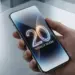 Tangan memegang smartphone iPhone Edisi 20 Tahun dengan layar bezel-less yang menampilkan angka "20" menyala neon, merayakan 20 tahun iPhone.