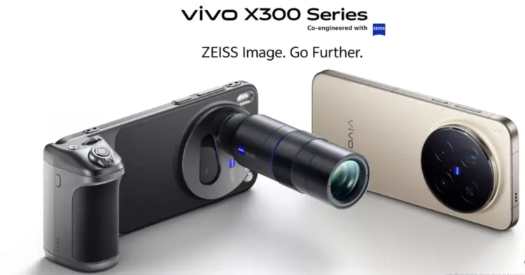Poster resmi vivo X300 Series menampilkan fitur lensa telephoto eksternal dan tagline ZEISS Image Go Further.