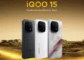 Tiga unit smartphone iQOO 15 dengan varian warna hitam, putih, dan special edition merah-putih marmer, dengan logo iQOO 15 di atasnya.
