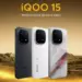 Tiga unit smartphone iQOO 15 dengan varian warna hitam, putih, dan special edition merah-putih marmer, dengan logo iQOO 15 di atasnya.