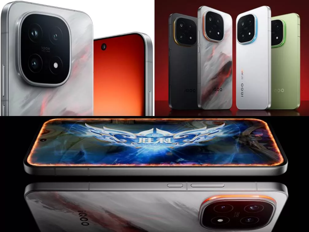 Kolase foto iQOO 15 menampilkan detail kamera 100x optical zoom, desain belakang, dan layar saat digunakan bermain game kompetitif.