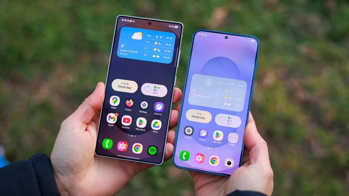 Dua unit smartphone Samsung dipajang, menyiratkan perbandingan antara One UI lama dan antarmuka One UI 8.5 yang baru.