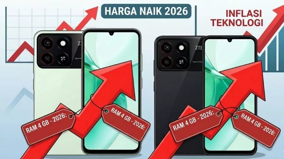 Sebuah smartphone di etalase toko dengan label harga yang melonjak tinggi, mengilustrasikan efek kenaikan Harga RAM.