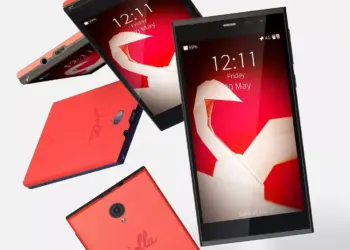 Smartphone Jolla Phone dengan latar belakang teknologi, menyimbolkan sistem operasi baru yang canggih dan memiliki performa tinggi.