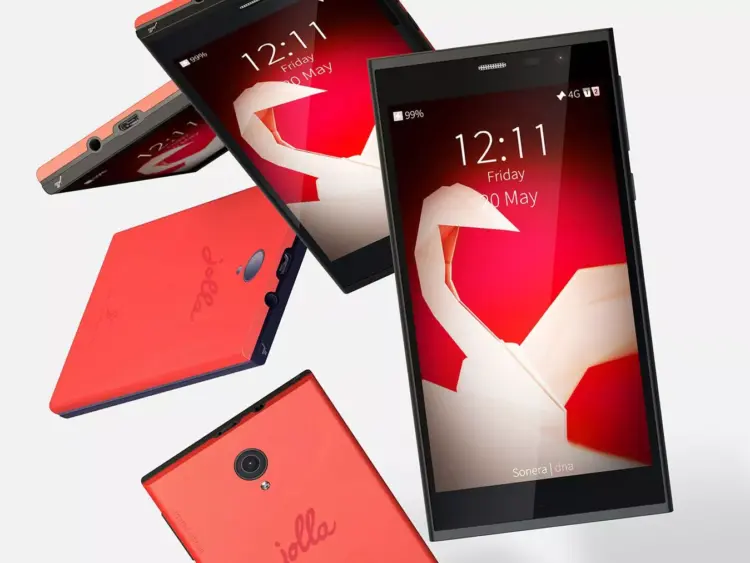 Smartphone Jolla Phone dengan latar belakang teknologi, menyimbolkan sistem operasi baru yang canggih dan memiliki performa tinggi.