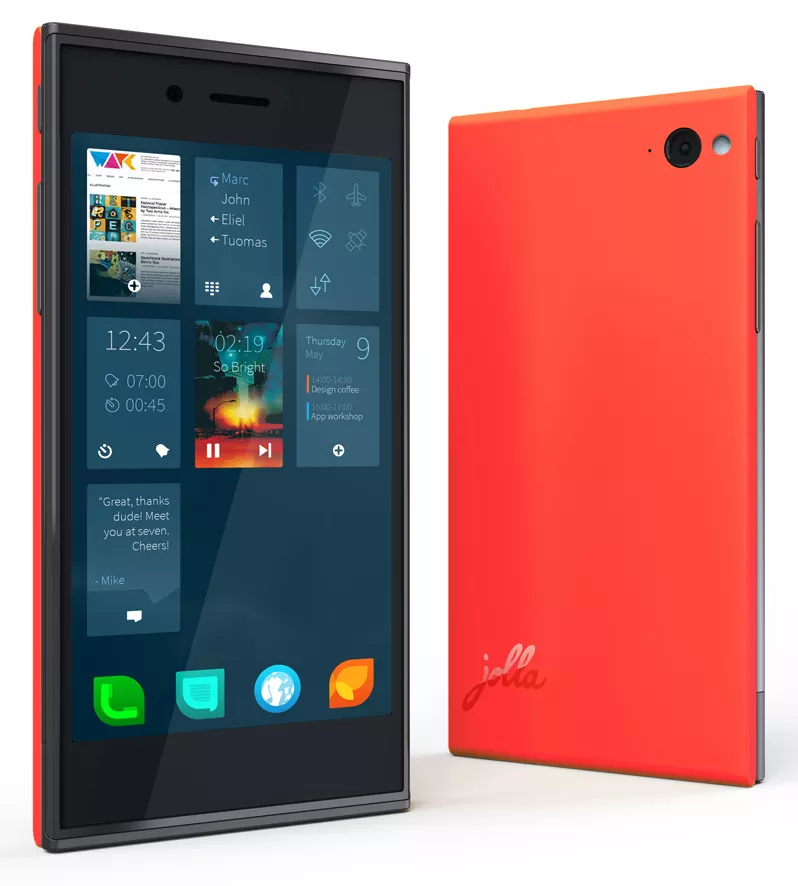 Dua unit smartphone Jolla Phone dipajang, menyoroti desain khas yang kembali hadir setelah sekian lama.
