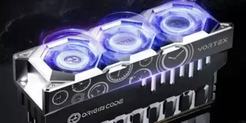 Modul RAM Vortex dengan kipas pendingin terpasang pada slot memori motherboard dengan efek lampu RGB ungu.