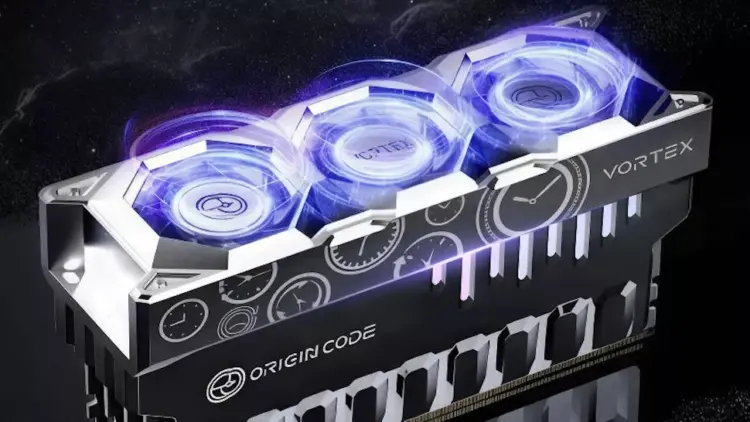 Modul RAM Vortex dengan kipas pendingin terpasang pada slot memori motherboard dengan efek lampu RGB ungu.