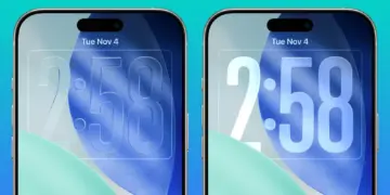 Perbandingan dua tampilan Layar Kunci (Lockscreen) iOS yang menampilkan jam digital besar, menyoroti fitur visual baru di iOS 26.2.
