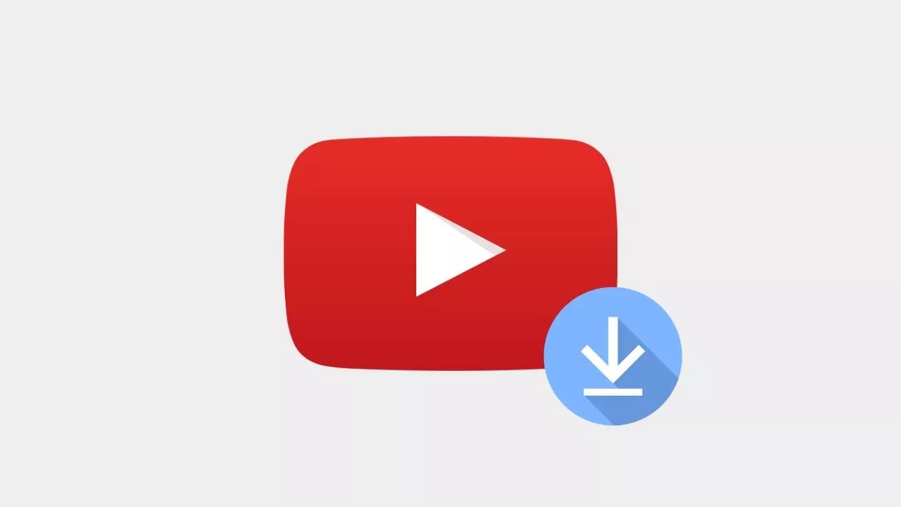 Ikon logo YouTube Video (merah) dengan tambahan ikon panah ke bawah (unduh/download) di lingkaran biru.