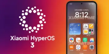 Smartphone yang menampilkan antarmuka Xiaomi HyperOS 3 dengan widget cuaca, folder aplikasi, dan logo sistem di sisi kiri.