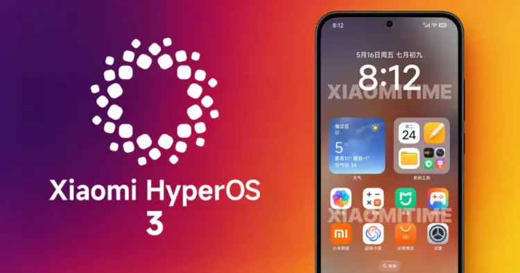 Smartphone yang menampilkan antarmuka Xiaomi HyperOS 3 dengan widget cuaca, folder aplikasi, dan logo sistem di sisi kiri.