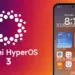 Smartphone yang menampilkan antarmuka Xiaomi HyperOS 3 dengan widget cuaca, folder aplikasi, dan logo sistem di sisi kiri.