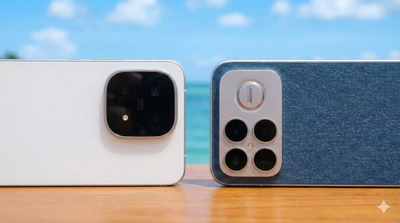 Close-up detail modul kamera iQOO 15 (putih, 100X) dan POCO F8 Ultra (biru, Bose) di bawah sinar matahari dengan latar belakang pantai.