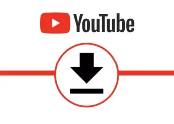 Logo YouTube Video dengan garis merah horizontal dan ikon panah tebal ke bawah di tengah untuk menandakan proses unduh.