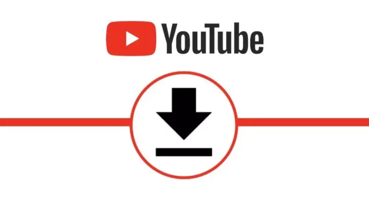 Logo YouTube Video dengan garis merah horizontal dan ikon panah tebal ke bawah di tengah untuk menandakan proses unduh.