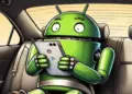 Maskot Android (Bugdroid) duduk di kursi belakang mobil, terikat sabuk pengaman, sedang menggunakan ponsel, mengilustrasikan fitur Motion Assist Android 17 untuk perjalanan.