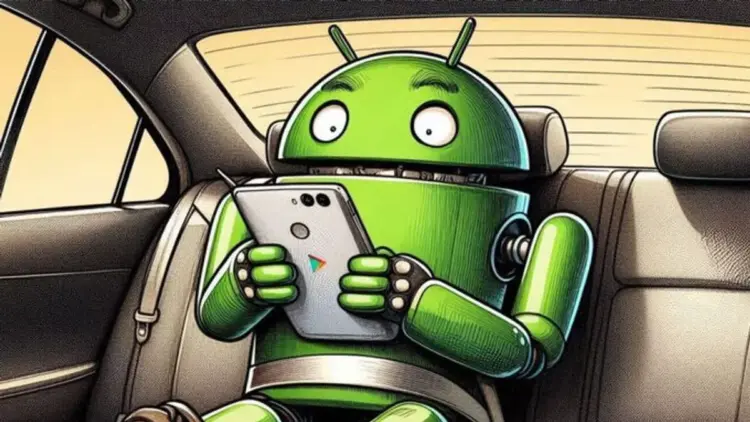 Maskot Android (Bugdroid) duduk di kursi belakang mobil, terikat sabuk pengaman, sedang menggunakan ponsel, mengilustrasikan fitur Motion Assist Android 17 untuk perjalanan.