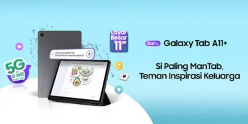 Poster promosi Samsung Galaxy Tab A11+ yang menonjolkan fitur AI Gemini, konektivitas 5G, dan layar besar 11 inci.