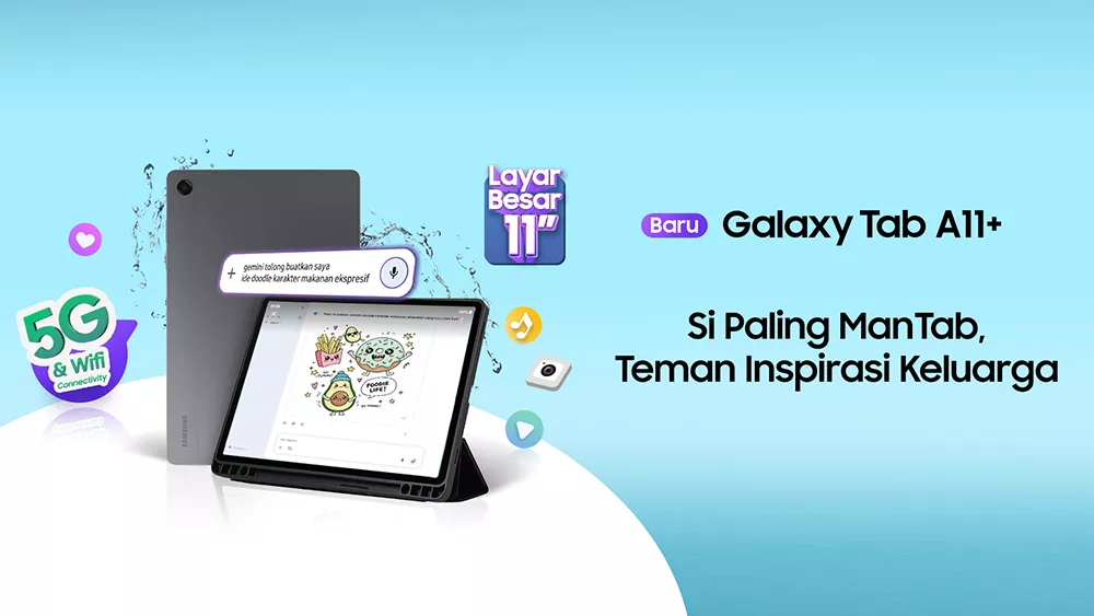 Poster promosi Samsung Galaxy Tab A11+ yang menonjolkan fitur AI Gemini, konektivitas 5G, dan layar besar 11 inci.