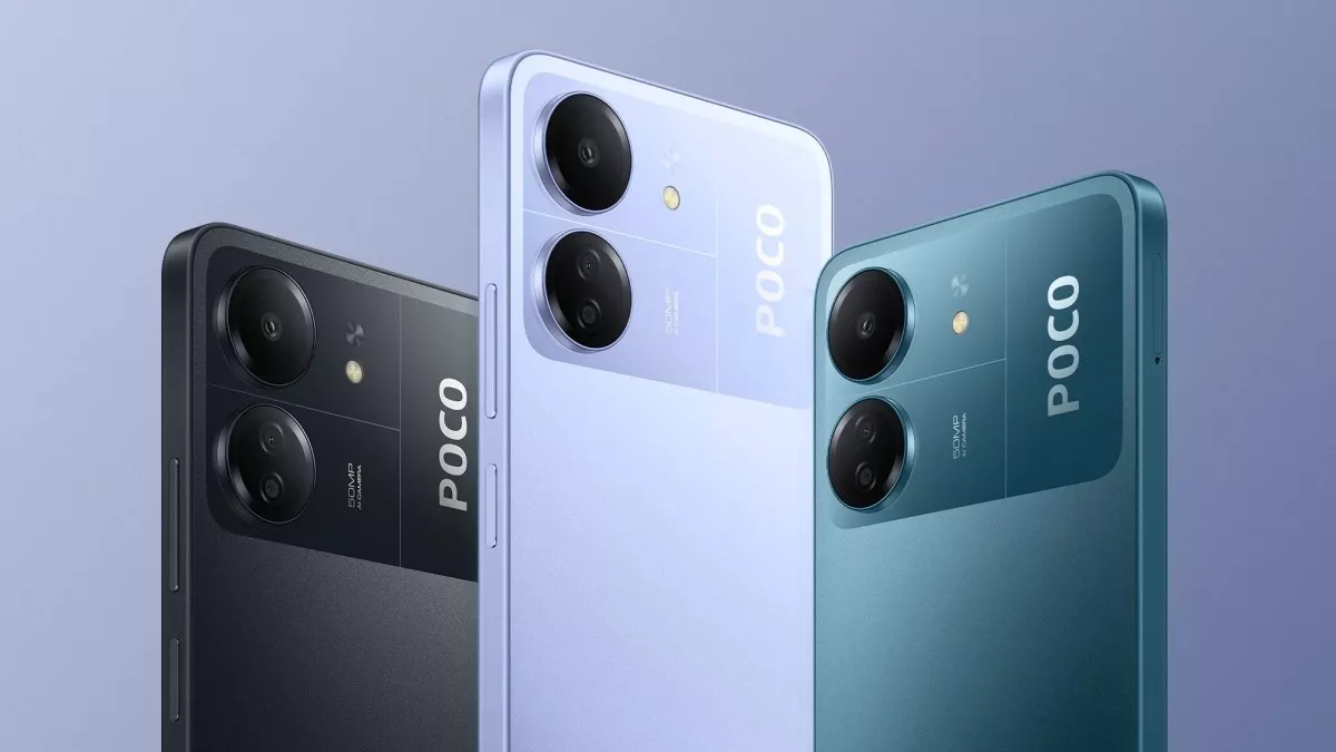 Tiga pilihan warna ponsel gaming Poco (Hitam, Ungu Muda, dan Biru Muda) yang menampilkan desain modul kamera ganda 50MP AI Camera.