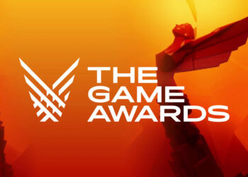 Logo resmi The Game Awards 2025 dengan latar belakang gradasi oranye dan patung ikonik bersayap.