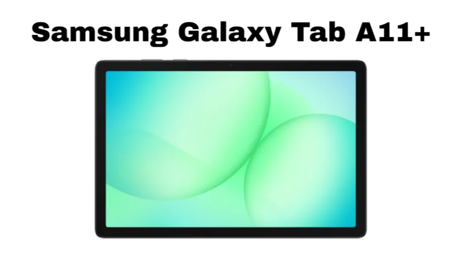 Tampilan layar depan Samsung Galaxy Tab A11+ yang jernih dengan bezel tipis dan wallpaper berwarna hijau cerah.