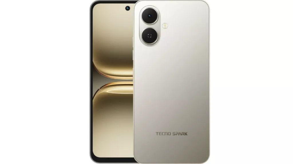 Tampilan depan dan belakang Tecno Spark Go 3 4G warna gold dengan layar punch-hole.