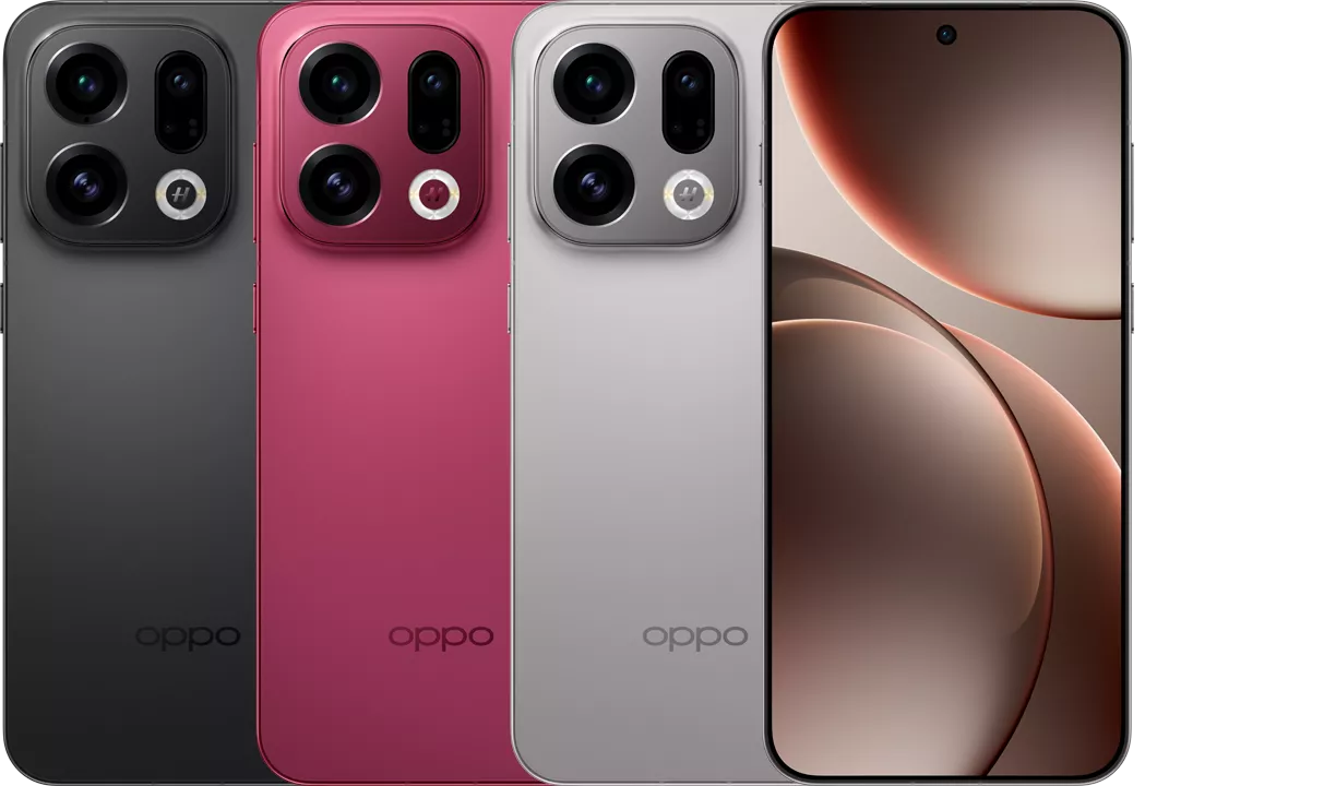Bocoran varian warna Oppo Find X9s hitam, merah marun, dan abu-abu dengan modul kamera Hasselblad yang besar.