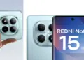 Poster bocoran Redmi Note 15 5G warna biru muda yang menampilkan desain kamera belakang dan layar depan, salah satu dari 5 model Redmi Note 15 yang siap rilis global.
