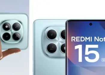 Poster bocoran Redmi Note 15 5G warna biru muda yang menampilkan desain kamera belakang dan layar depan, salah satu dari 5 model Redmi Note 15 yang siap rilis global.
