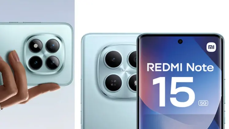 Poster bocoran Redmi Note 15 5G warna biru muda yang menampilkan desain kamera belakang dan layar depan, salah satu dari 5 model Redmi Note 15 yang siap rilis global.