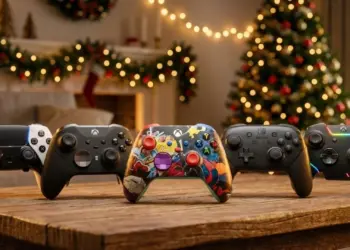 Jajaran 5 rekomendasi controller game terbaik untuk liburan akhir tahun, menampilkan gamepad dari PlayStation, Xbox, dan Nintendo di atas meja dengan dekorasi Natal yang hangat.