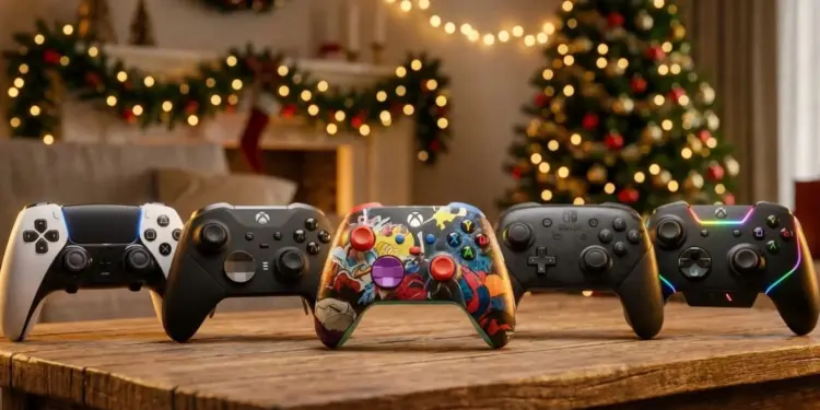 Jajaran 5 rekomendasi controller game terbaik untuk liburan akhir tahun, menampilkan gamepad dari PlayStation, Xbox, dan Nintendo di atas meja dengan dekorasi Natal yang hangat.
