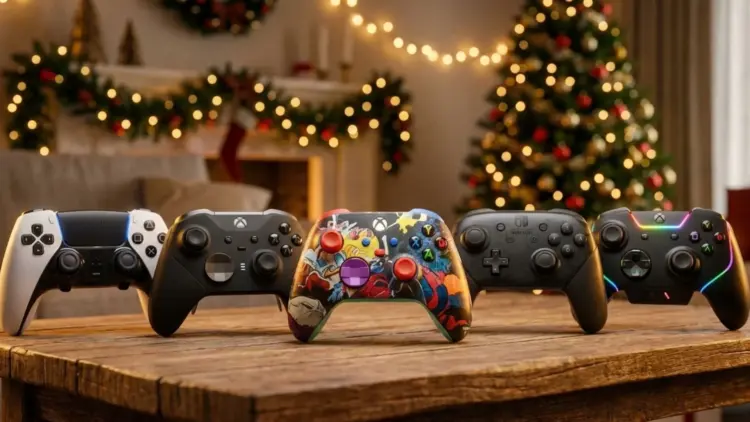 Jajaran 5 rekomendasi controller game terbaik untuk liburan akhir tahun, menampilkan gamepad dari PlayStation, Xbox, dan Nintendo di atas meja dengan dekorasi Natal yang hangat.