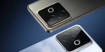 Ilustrasi desain smartphone lipat (clamshell) dalam dua tone warna merah dan putih dengan layar eksternal yang besar.