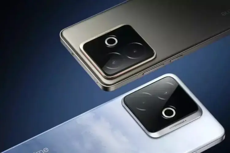 Ilustrasi desain smartphone lipat (clamshell) dalam dua tone warna merah dan putih dengan layar eksternal yang besar.