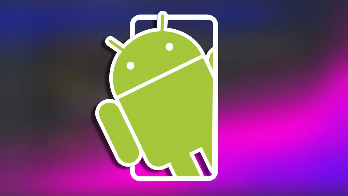 Ikon maskot Android (Bugdroid) berlatar belakang gradasi warna ungu dan biru, Bugdroid terlihat seperti memeluk layar ponsel.
