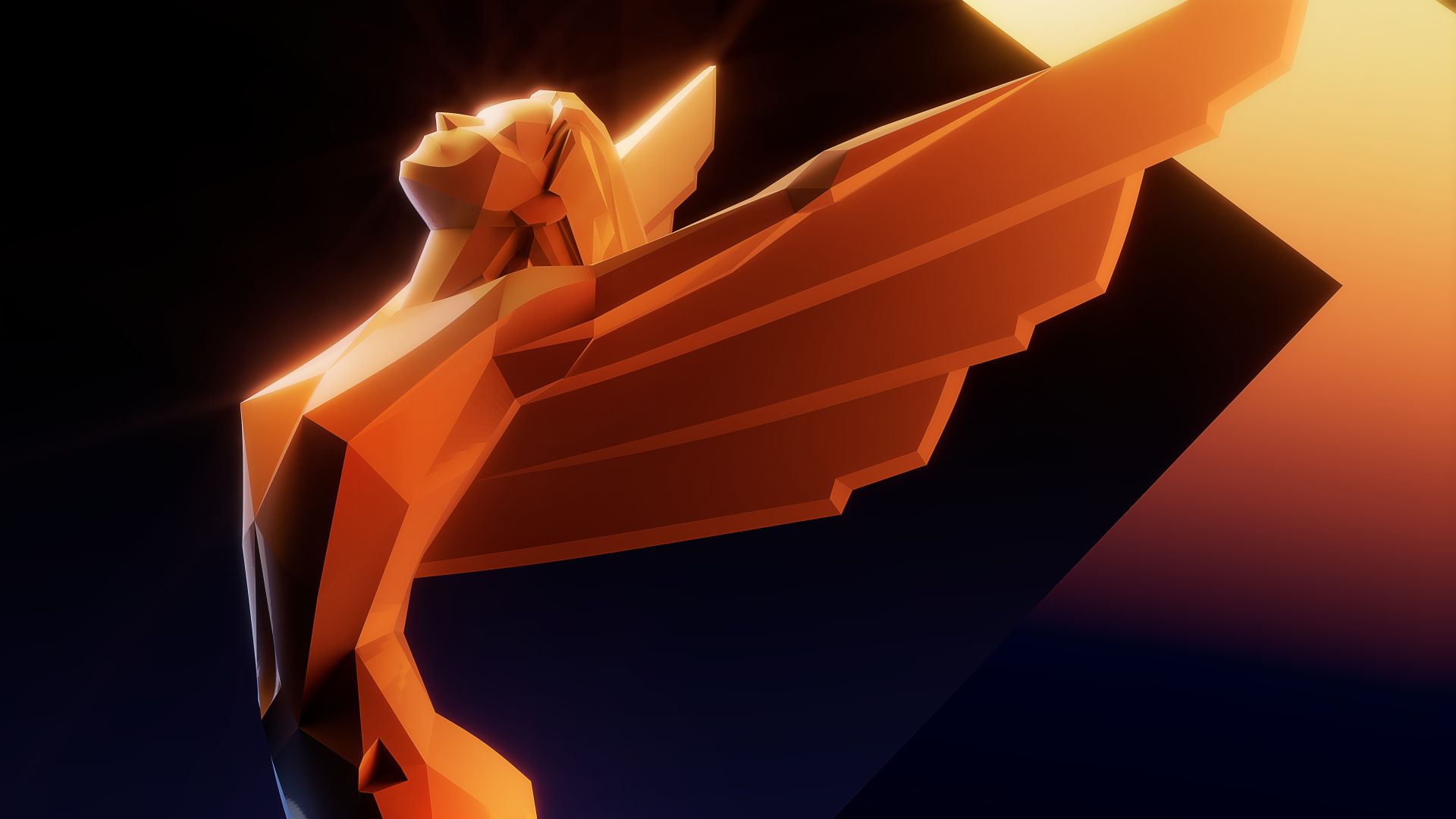 Patung penghargaan The Game Awards 2025 berwarna emas dengan gaya futuristik dan sayap terbuka.
