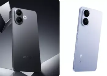 Perbandingan tampilan belakang smartphone Vivo V60 Lite 5G dan iQOO Z10R 5G yang menonjolkan modul kamera ganda, dengan warna ungu dan abu-abu.