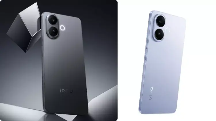 Perbandingan tampilan belakang smartphone Vivo V60 Lite 5G dan iQOO Z10R 5G yang menonjolkan modul kamera ganda, dengan warna ungu dan abu-abu.