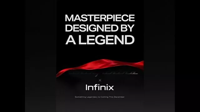 Poster hitam dengan tulisan "Masterpiece Designed by a Legend" dan logo Pininfarina x Infinix, mengumumkan kolaborasi desain.