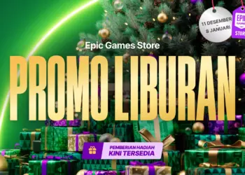 Banner Promo Liburan Epic Games Store dengan latar belakang pohon Natal dan tumpukan kado, menunjukkan event diskon besar dari 11 Desember hingga 8 Januari.