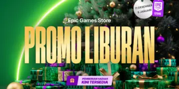 Banner Promo Liburan Epic Games Store dengan latar belakang pohon Natal dan tumpukan kado, menunjukkan event diskon besar dari 11 Desember hingga 8 Januari.