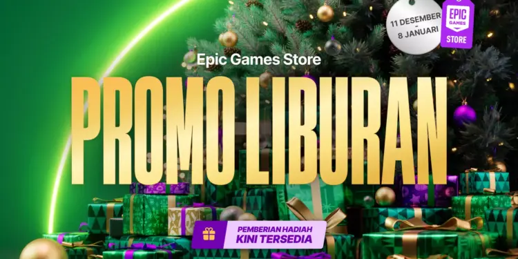 Banner Promo Liburan Epic Games Store dengan latar belakang pohon Natal dan tumpukan kado, menunjukkan event diskon besar dari 11 Desember hingga 8 Januari.