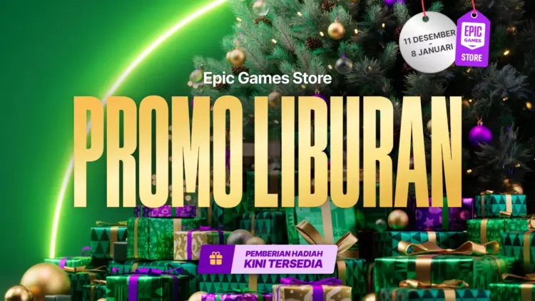 Banner Promo Liburan Epic Games Store dengan latar belakang pohon Natal dan tumpukan kado, menunjukkan event diskon besar dari 11 Desember hingga 8 Januari.