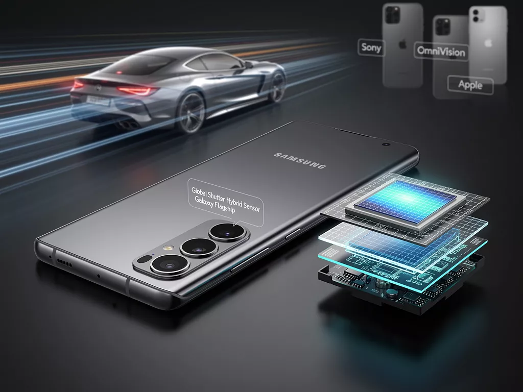 Konsep smartphone Samsung Galaxy flagship berwarna abu-abu dengan ilustrasi Sensor Kamera Global Shutter berlapis dan perbandingan dengan Sony, Omnivision, dan Apple.