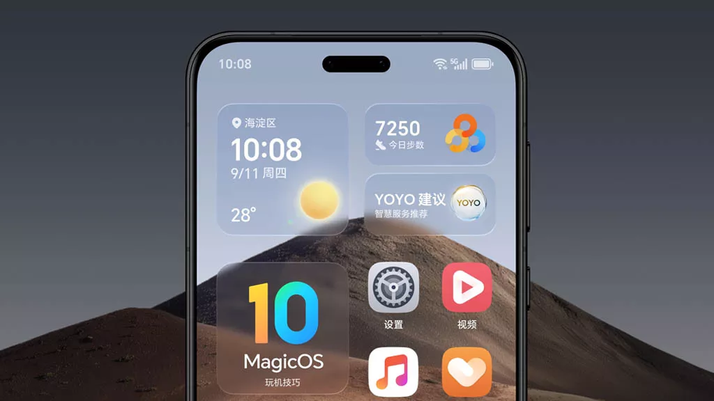 Tampilan homescreen MagicOS 10 di ponsel HONOR dengan widget besar untuk waktu, cuaca, dan kesehatan, menampilkan desain antarmuka baru.